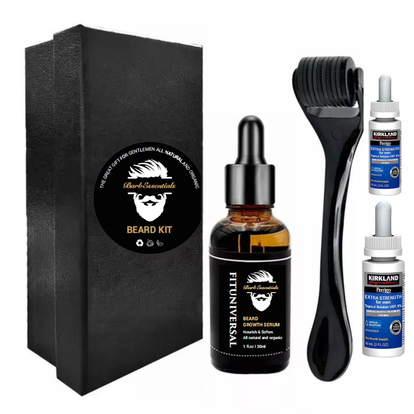 Set ulei si tratament pentru crestere si ingrijire barba FITUNIVERSAL® din 4 piese avand inclus derma roller, un ser si un ulei special pentru cresterea si netezirea firului de par, 180 ML