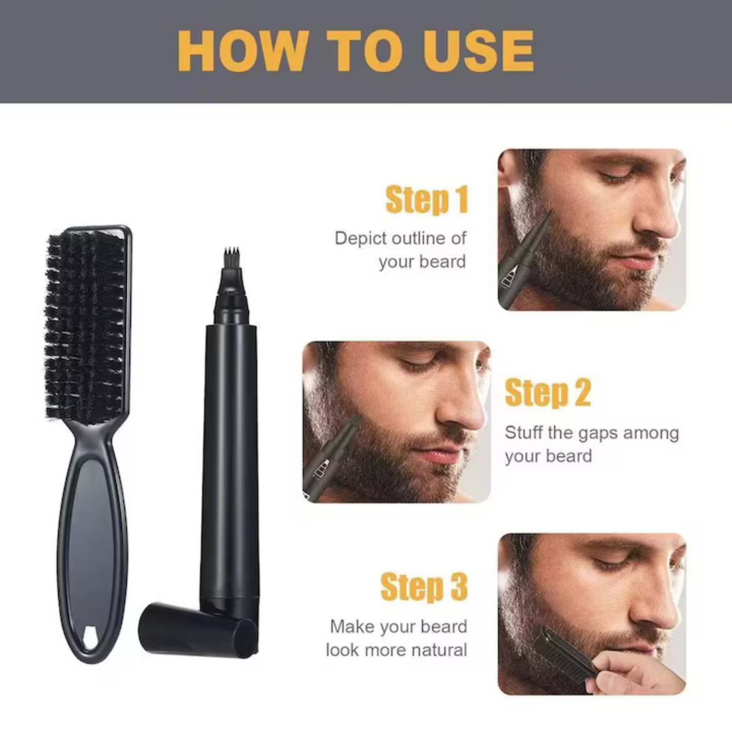 Set 2 bucati, vopsit barba, creion si perie, FITUNIVERSAL®, Beard Pen, Umplere rapida, Persistenta 24 H, Negru