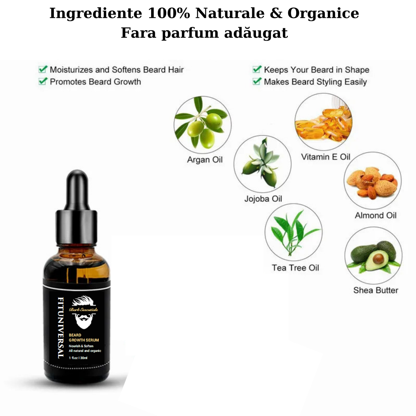 Set PREMIUM de crestere si ingrijire barba FITUNIVERSAL® din 4 piese avand inclus dermaroller, o crema si 2 uleiuri speciale pentru cresterea si netezirea firului de par, 60 ML