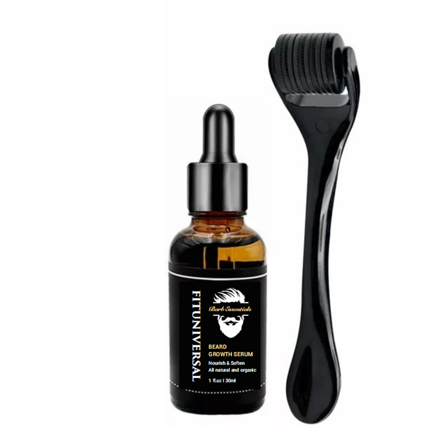 Set PREMIUM de crestere si ingrijire barba FITUNIVERSAL® din 4 piese avand inclus dermaroller, o crema si 2 uleiuri speciale pentru cresterea si netezirea firului de par, 60 ML
