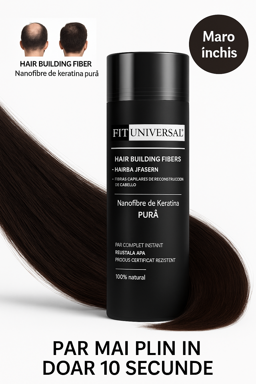 Fibre pentru par rar FITUNIVERSAL, pudra cu cu fibre pentru par mai des instant, rezistenta la apa, nanofibre de Keratina, Saten inchis