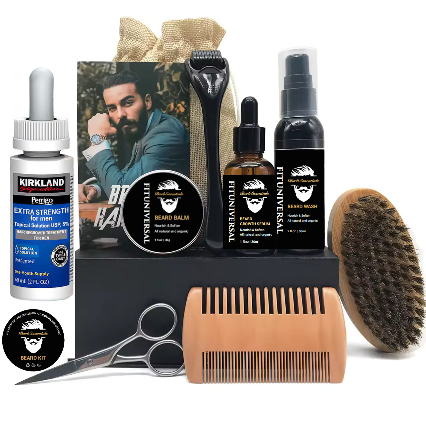 Set complet de crestere si ingrijire barba din 10 piese avand inclus Minoxidil flacon 1 luna, derma roller, foarfeci, perie si pieptan, o crema si 2 uleiuri speciale pentru cresterea si netezirea firului de par, 180 ML