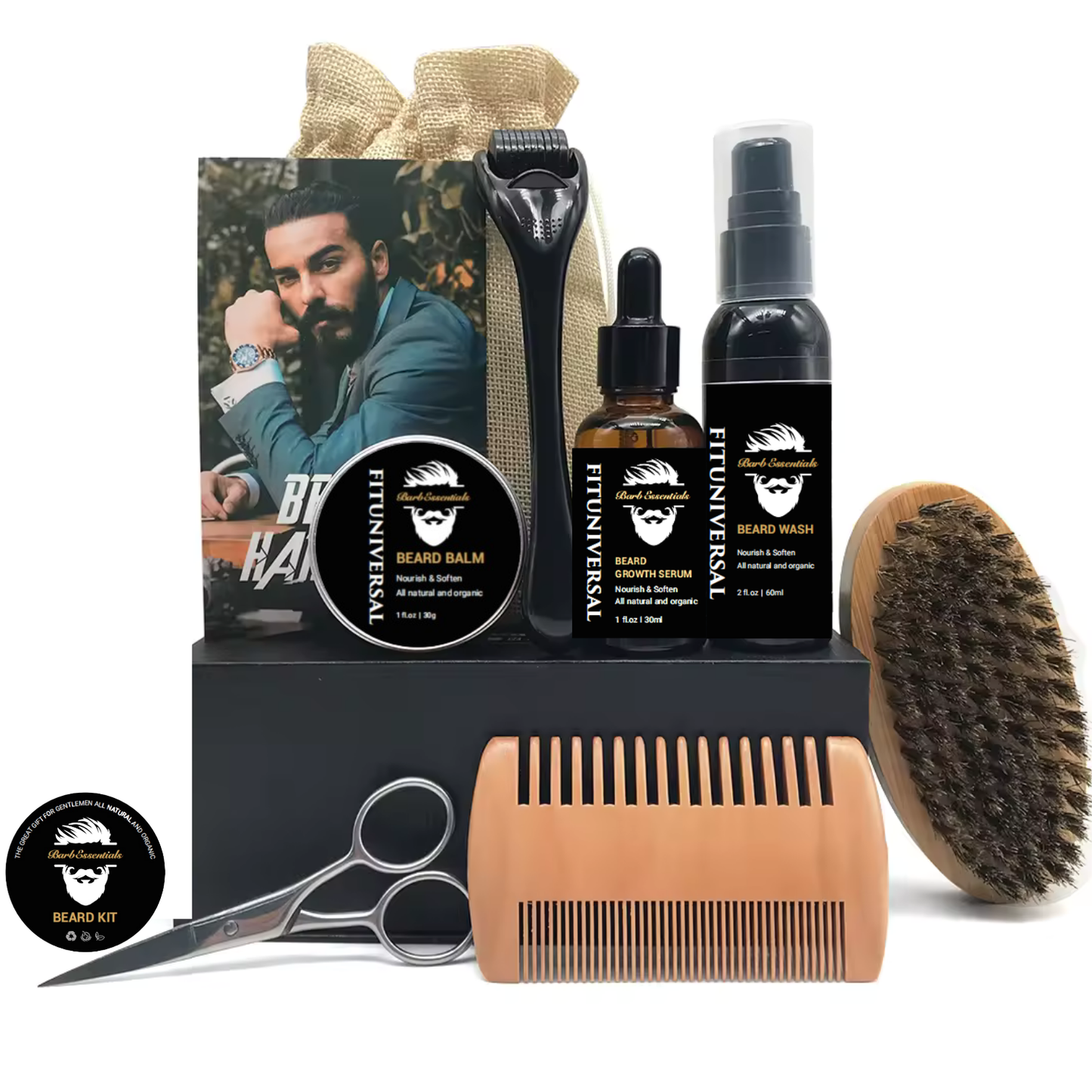 Set complet de crestere si ingrijire barba din 9 piese avand inclus derma roller, foarfeci, perie si pieptan, o crema si 2 uleiuri speciale pentru cresterea si netezirea firului de par, 90 ML