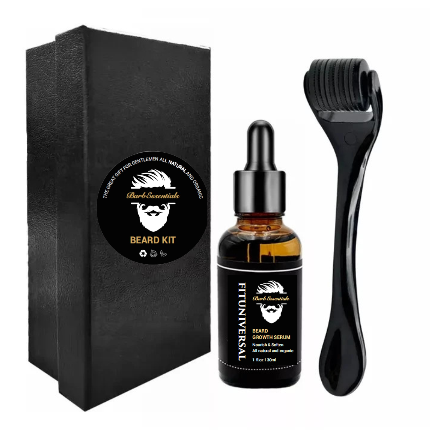 Set PREMIUM de crestere si ingrijire barba din 2 piese avand inclus derma roller, ulei special pentru cresterea firului de par, 30 ML