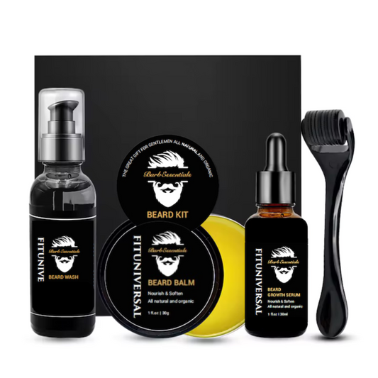 Set PREMIUM de crestere si ingrijire barba FITUNIVERSAL® din 4 piese avand inclus dermaroller, o crema si 2 uleiuri speciale pentru cresterea si netezirea firului de par, 60 ML