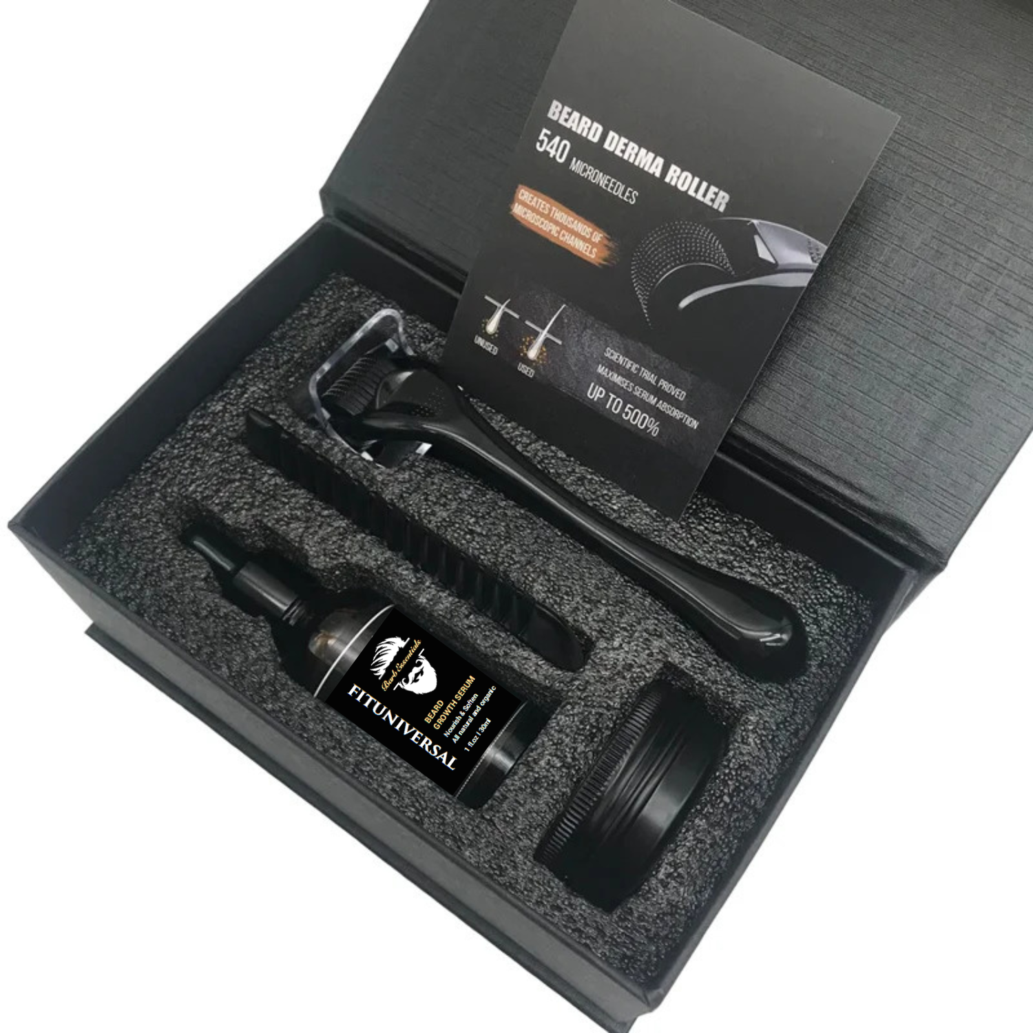 Set PREMIUM de crestere si ingrijire barba din 4 piese avand inclus derma roller, pieptan, ulei special pentru cresterea firului de par, crema de barba,90 ML