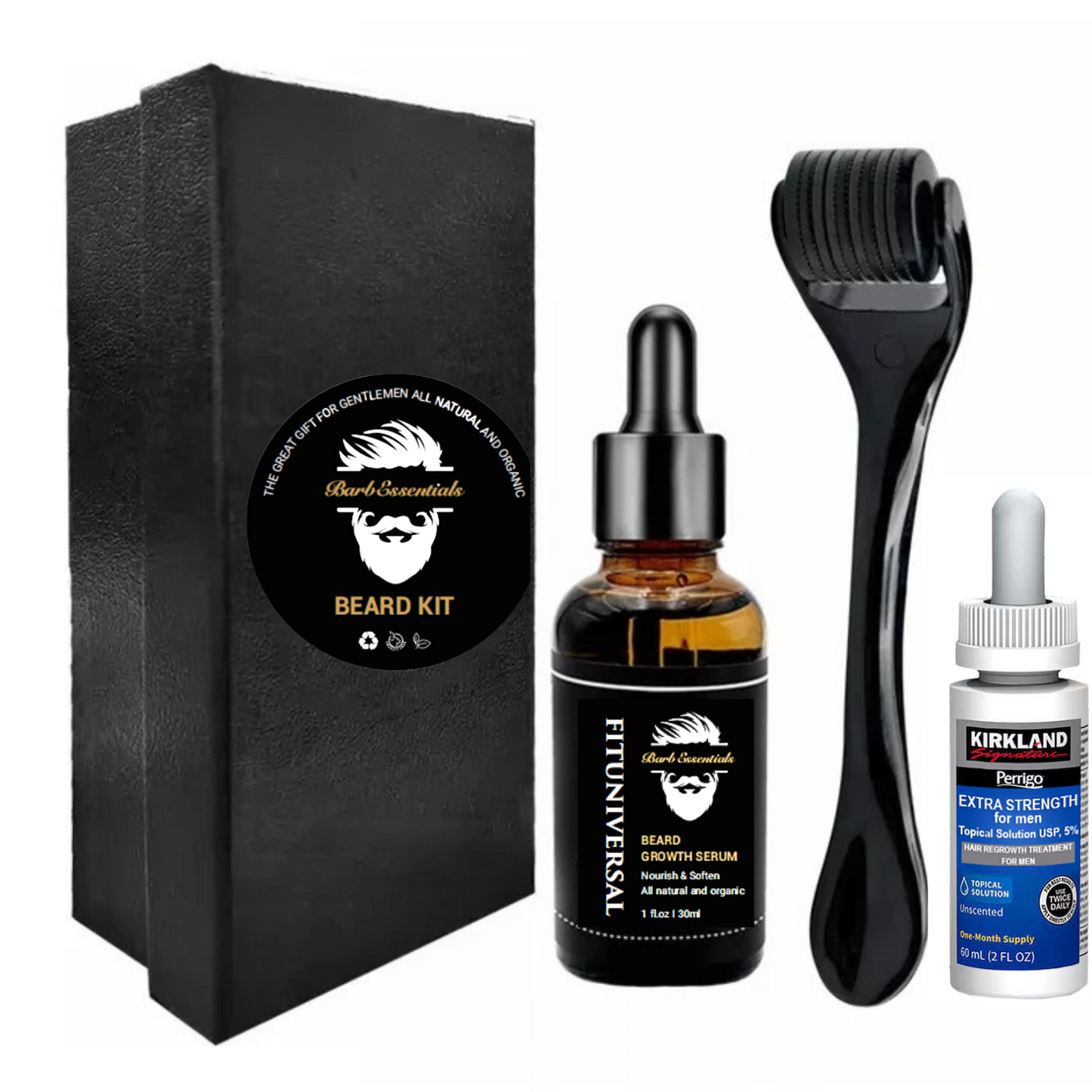 Set ulei si tratament pentru crestere si ingrijire barba FITUNIVERSAL® din 3 piese avand inclus derma roller, un ser si un ulei special pentru cresterea si netezirea firului de par, 90 ML