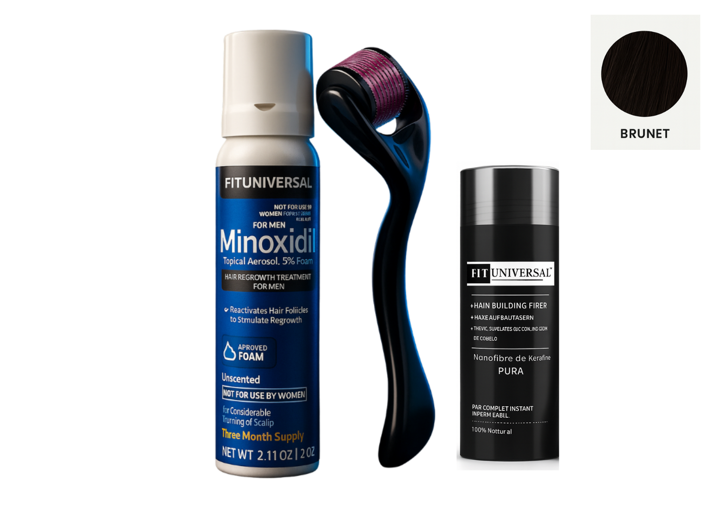 Set special cu Spuma, Fibre de Cheratina, Brunet (negru), Dermaroller, pentru cresterea si intretinerea parului sau a barbii - 0,5 mm