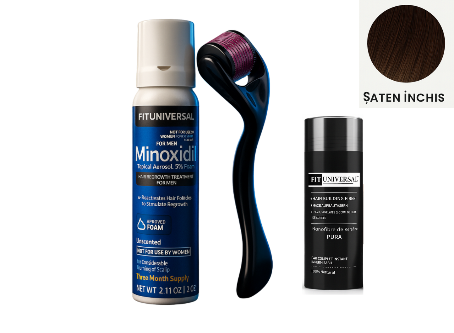 Set special cu Spuma, Fibre de Cheratina,(saten inchis), Dermaroller, pentru cresterea si intretinerea parului sau a barbii - 0,5 mm (Copy)