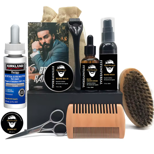 Set complet de crestere si ingrijire barba din 10 piese avand inclus Minoxidil flacon 1 luna, derma roller, foarfeci, perie si pieptan, o crema si 2 uleiuri speciale pentru cresterea si netezirea firului de par, 180 ML